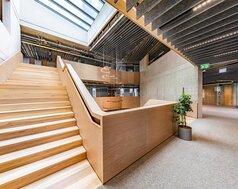 Weitläufiger Holztreppenaufgang im DACHSER Network Campus mit MUTE+® Akustikbaffeln, moderner Pendelleuchte und hellem Lichthof | © © Fotostudio Sienz