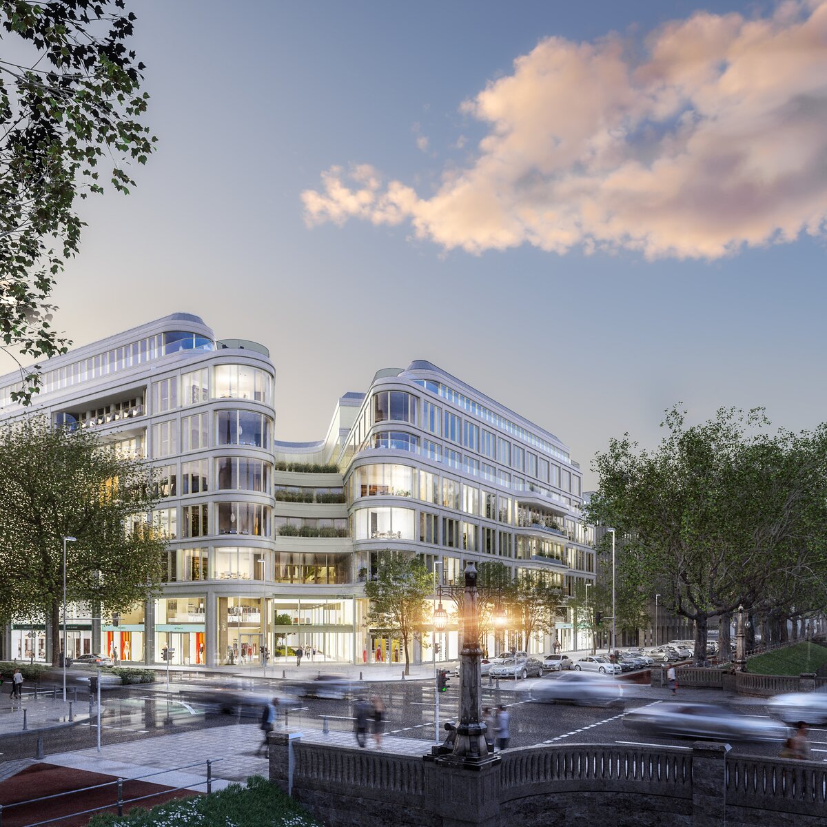 Rendering der Außenansicht des zukünftigen Le Coeur Düsseldorf – Neubaufassade am Straßeneck mit grünen Bäumen im Vordergrund. | © © Hines Immobilien GmbH